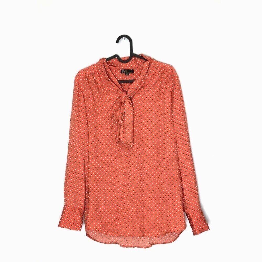 Dalia Long Sleeve High Neck Bow Orange Dot Blouse Small